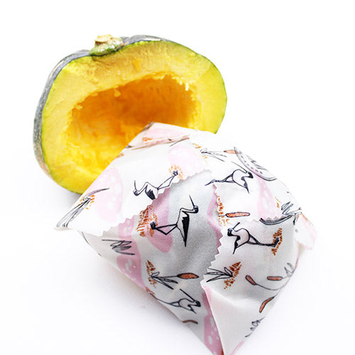 medium beeswax wrap pumpkin in organic pink stork print