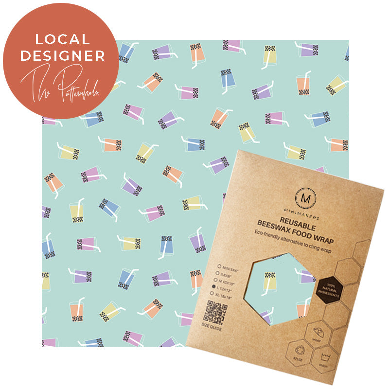 bubble tea is love print in premium cotton beeswax wraps by the patternholic in collaboration with minimakers singapore (local designer)