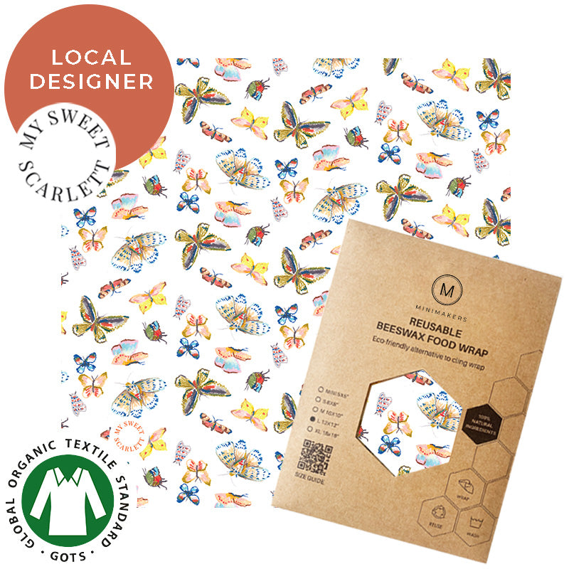 butterflies print in organic cotton beeswax wraps by my sweet scarlett in collaboration with minimakers singapore (local designer)