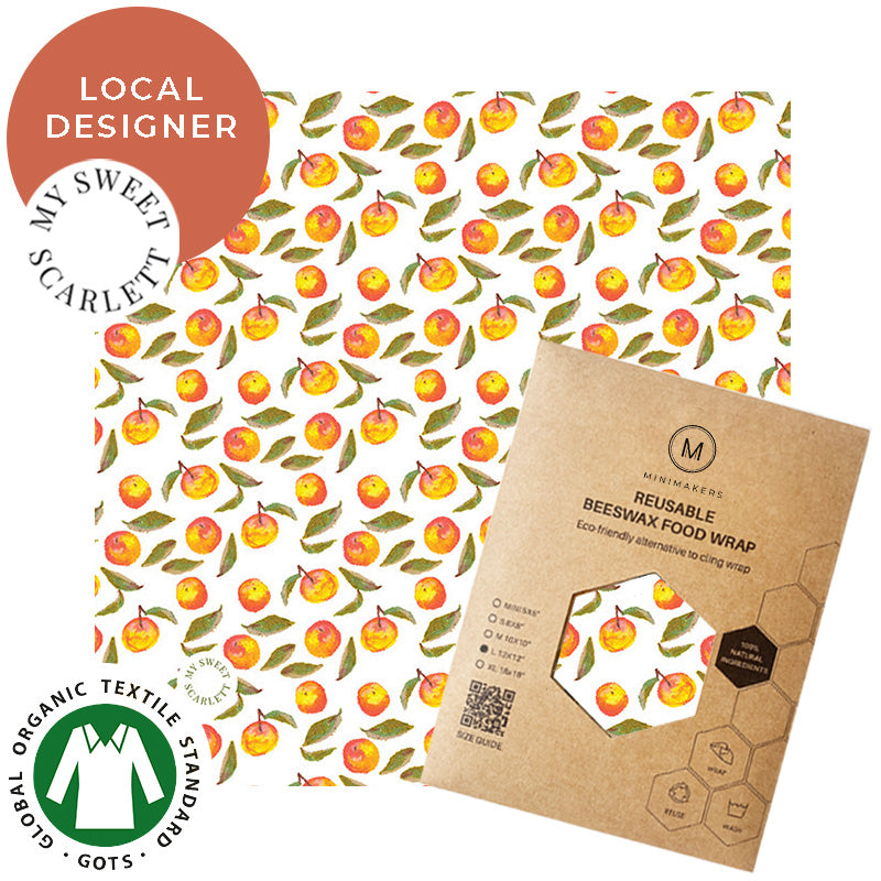 clementine print in organic cotton beeswax wraps by my sweet scarlett in collaboration with minimakers singapore (local designer)