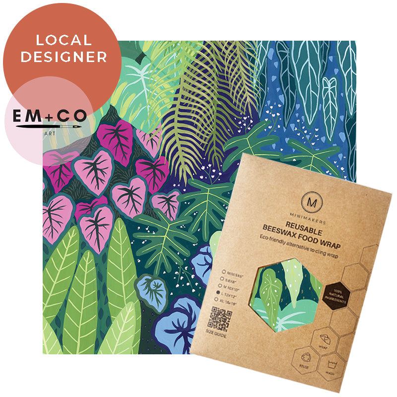 cloud forest print in premium cotton beeswax wraps by em+co art in collaboration with minimakers (local designer) singapore