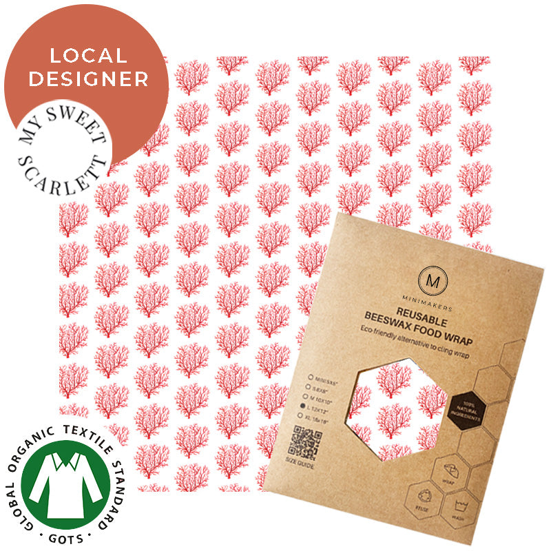corals print in organic cotton beeswax wraps by my sweet scarlett in collaboration with minimakers singapore (local designer)