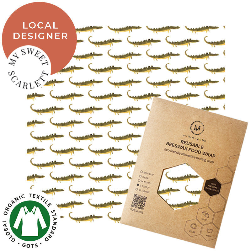 crocodile print in organic cotton beeswax wraps by my sweet scarlett in collaboration with minimakers singapore (local designer)