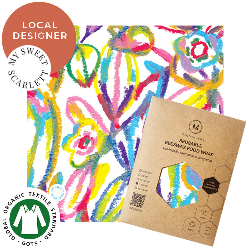 floret print in organic cotton beeswax wraps by my sweet scarlett in collaboration with minimakers singapore (local designer)