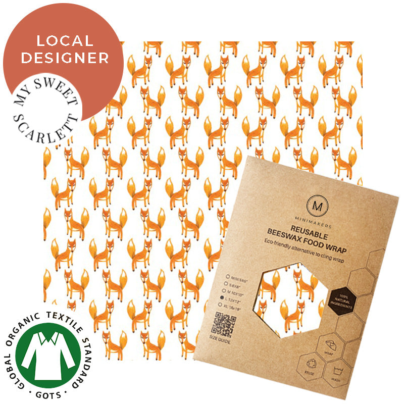 foxies print in organic cotton beeswax wraps by my sweet scarlett in collaboration with minimakers singapore (local designer)