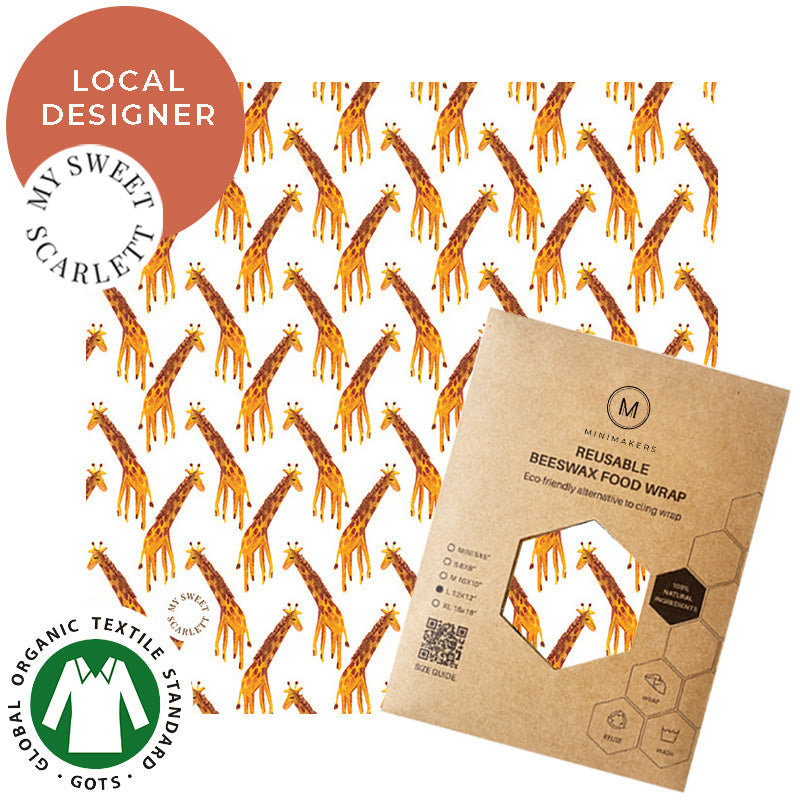 giraffes print in organic cotton beeswax wraps by my sweet scarlett in collaboration with minimakers singapore (local designer)
