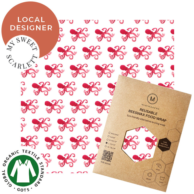 octopus print in organic cotton beeswax wraps by my sweet scarlett in collaboration with minimakers singapore (local designer)