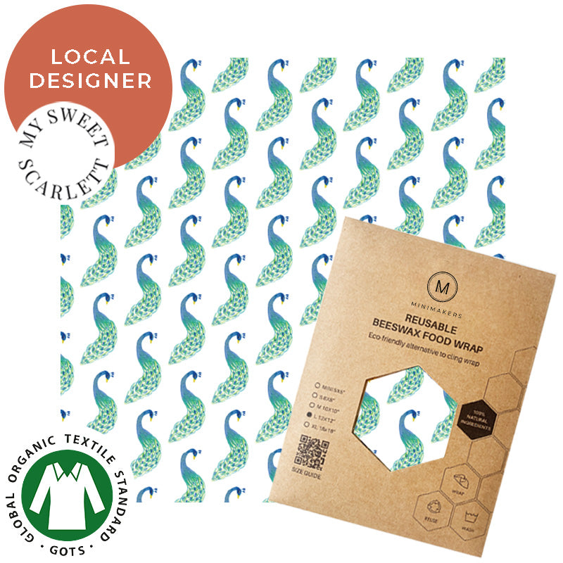 peacock print in organic cotton beeswax wraps by my sweet scarlett in collaboration with minimakers singapore (local designer)