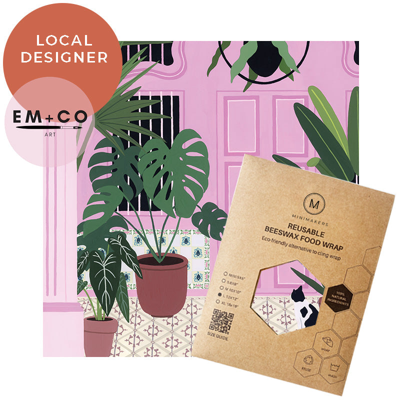 pink singapore shophouse print in premium cotton beeswax wraps by em+co art in collaboration with minimakers (local designer) singapore