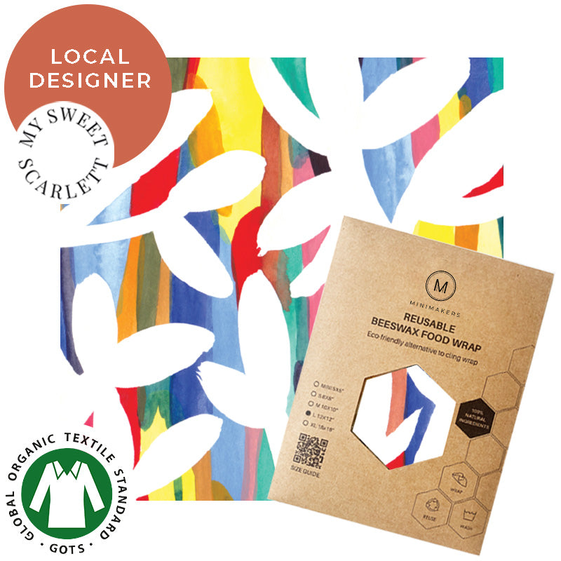 rainbow floral print in organic cotton beeswax wraps by my sweet scarlett in collaboration with minimakers singapore (local designer)