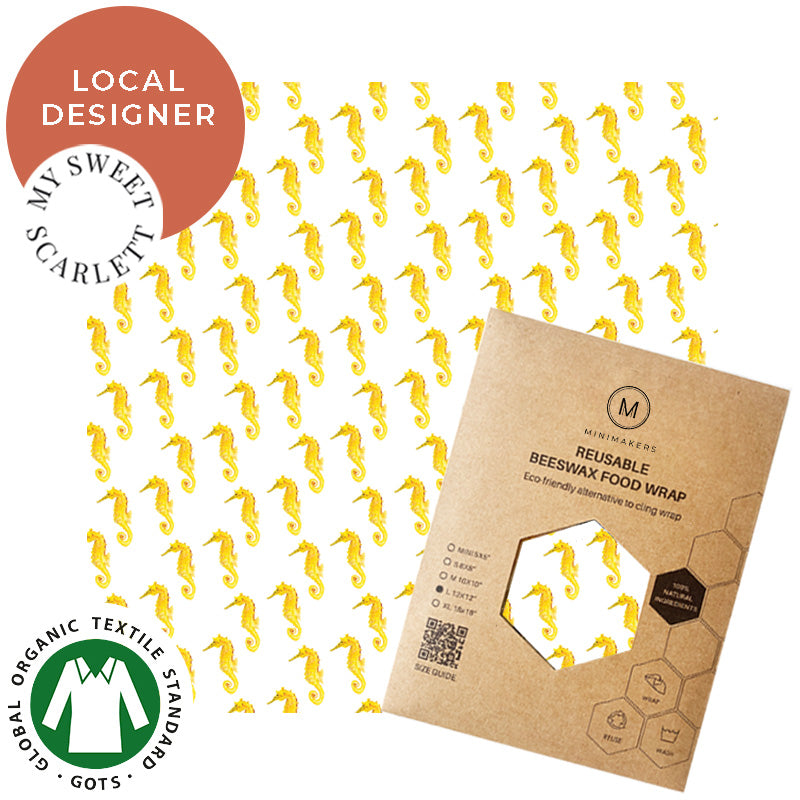 seahorses print in organic cotton beeswax wraps by my sweet scarlett in collaboration with minimakers singapore (local designer)