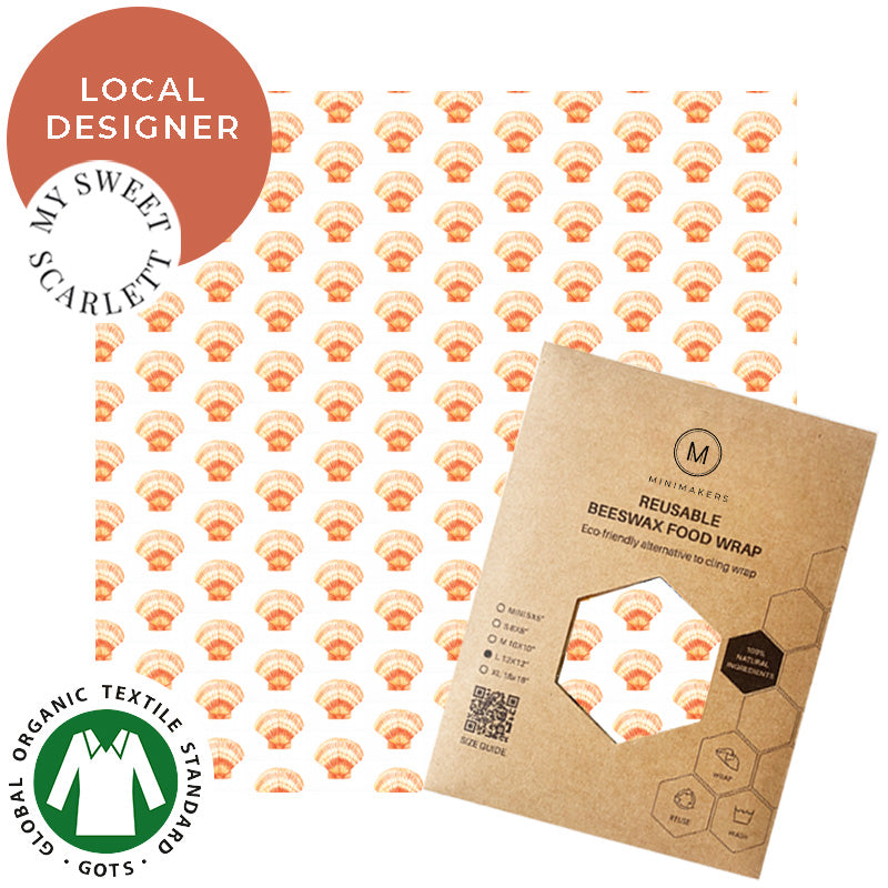 seashell print in organic cotton beeswax wraps by my sweet scarlett in collaboration with minimakers singapore (local designer)