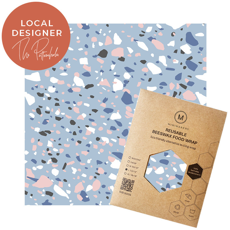 terrazzo dream print in premium cotton beeswax wraps by the patternholic in collaboration with minimakers singapore (local designer)